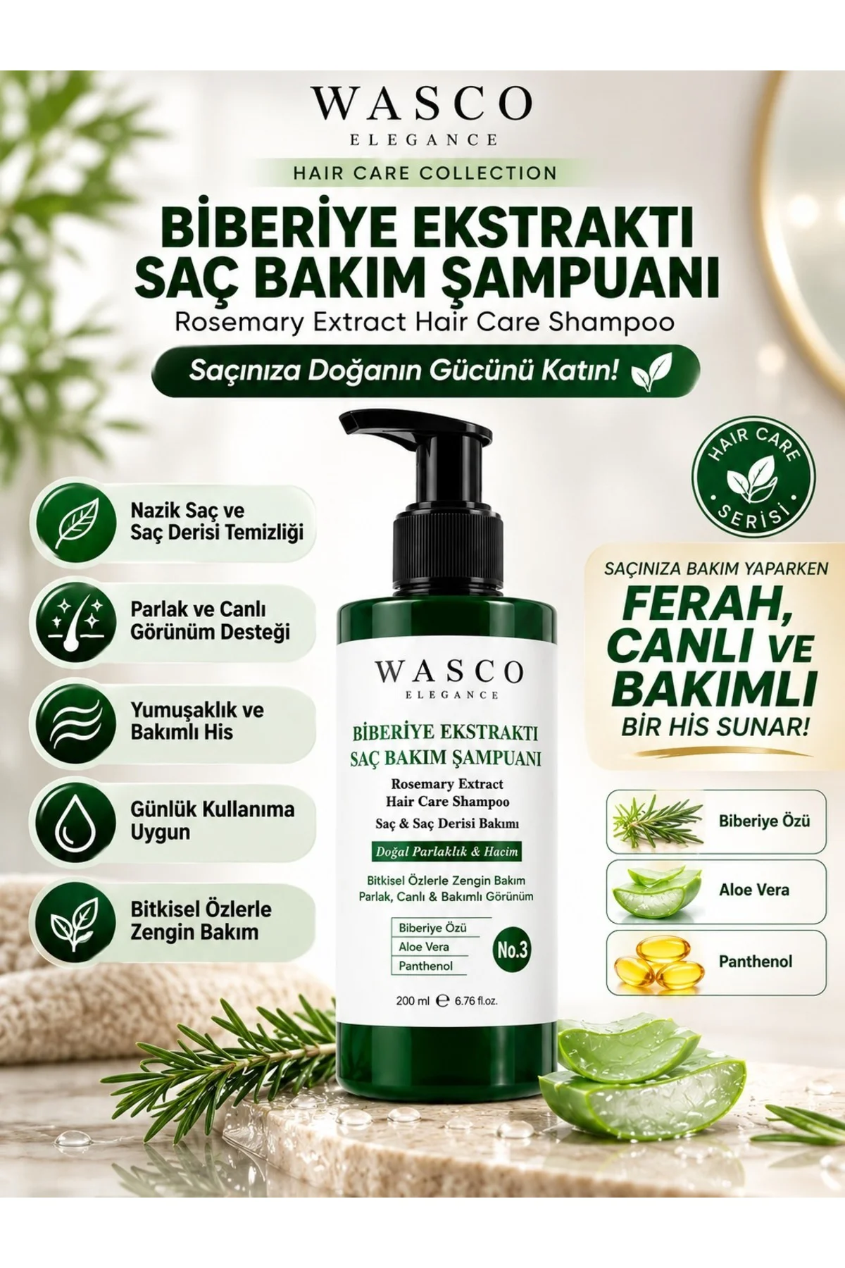 Biberiye Ekstraktlı Saç Bakım Şampuanı No.3 200 ml | Biberiye, Aloe Vera & Panthenol İçeren Saç ve Saç Derisi Bakımı