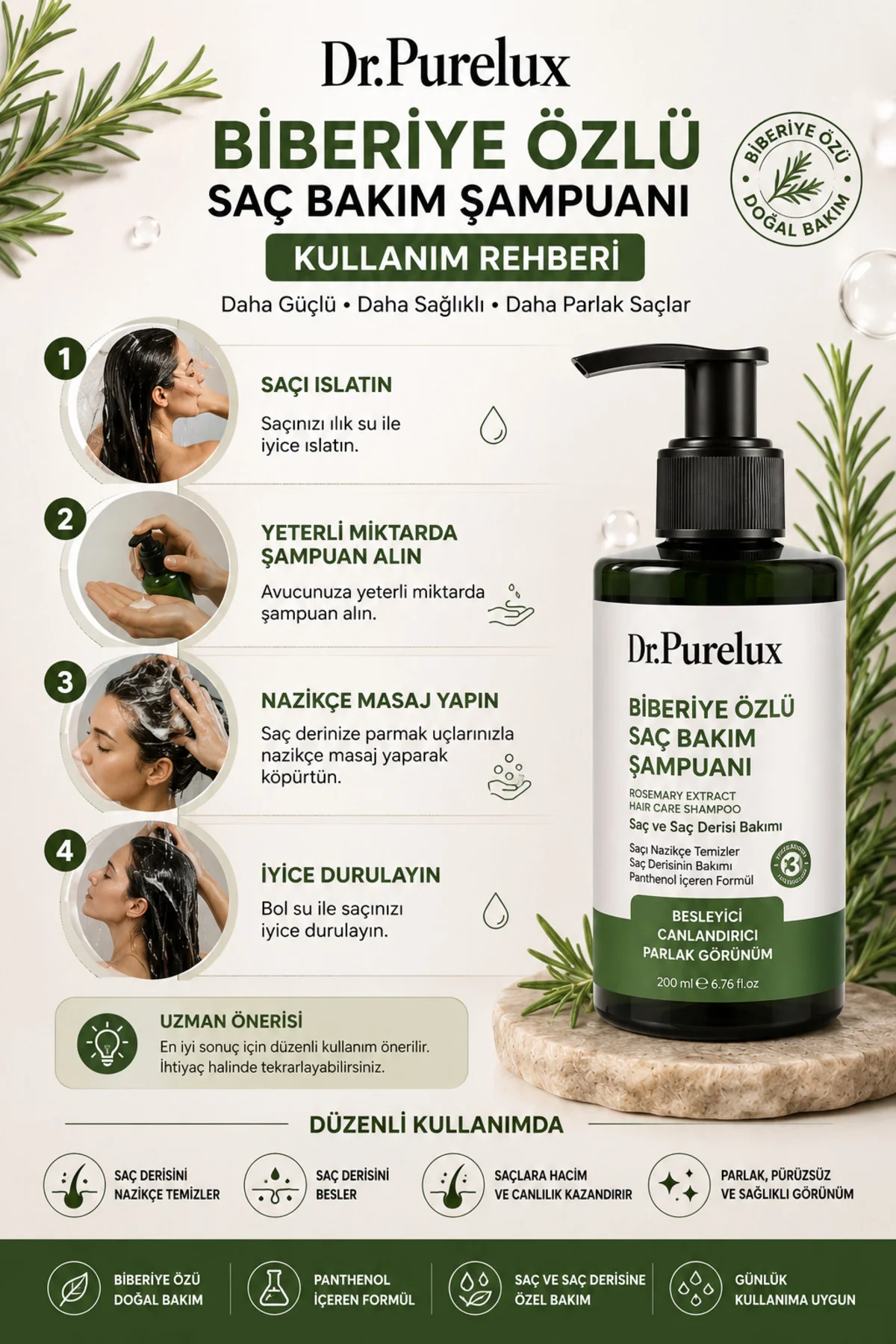 Biberiye Özlü Saç Dökülmesine Karşı Bakım Şampuanı – Onarıcı, Dolgunlaştırıcı, Besleyici Şampuan 200 ml