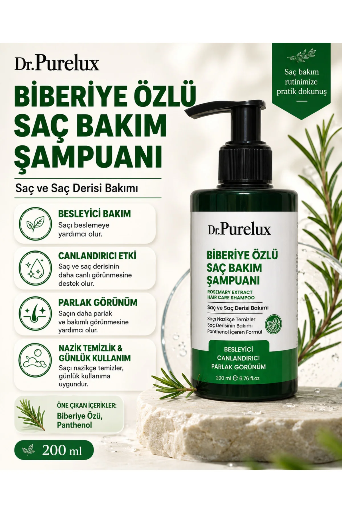 Biberiye Özlü Saç Dökülmesine Karşı Bakım Şampuanı – Onarıcı, Dolgunlaştırıcı, Besleyici Şampuan 200 ml