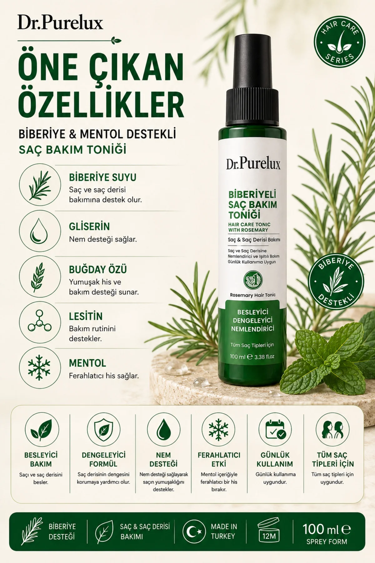 Biberiye Özlü Saç Toniği 100 ml – Dökülme Karşıtı Güçlendirici Saç ve Saç Derisi Bakımı