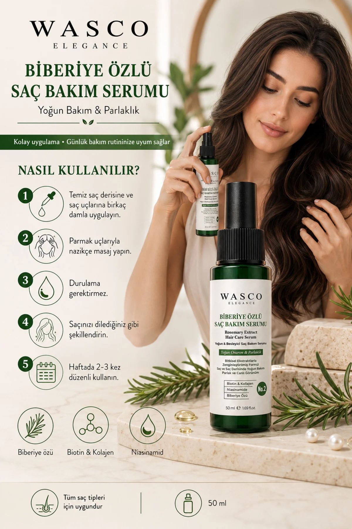 Biberiyeli Saç Bakım Serumu 50 ml | Biberiye, Kafein, Biotin ve Kolajen İçeren Besleyici Saç & Saç Derisi Bakımı