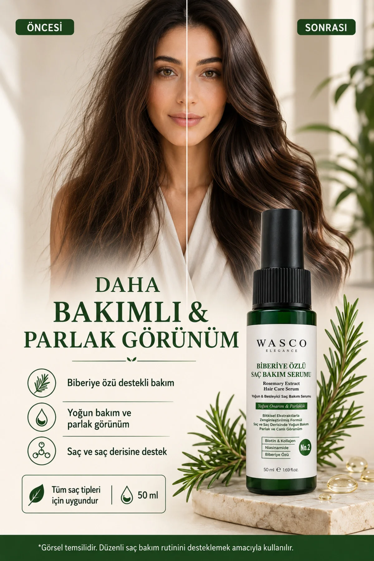 Biberiyeli Saç Bakım Serumu 50 ml | Biberiye, Kafein, Biotin ve Kolajen İçeren Besleyici Saç & Saç Derisi Bakımı