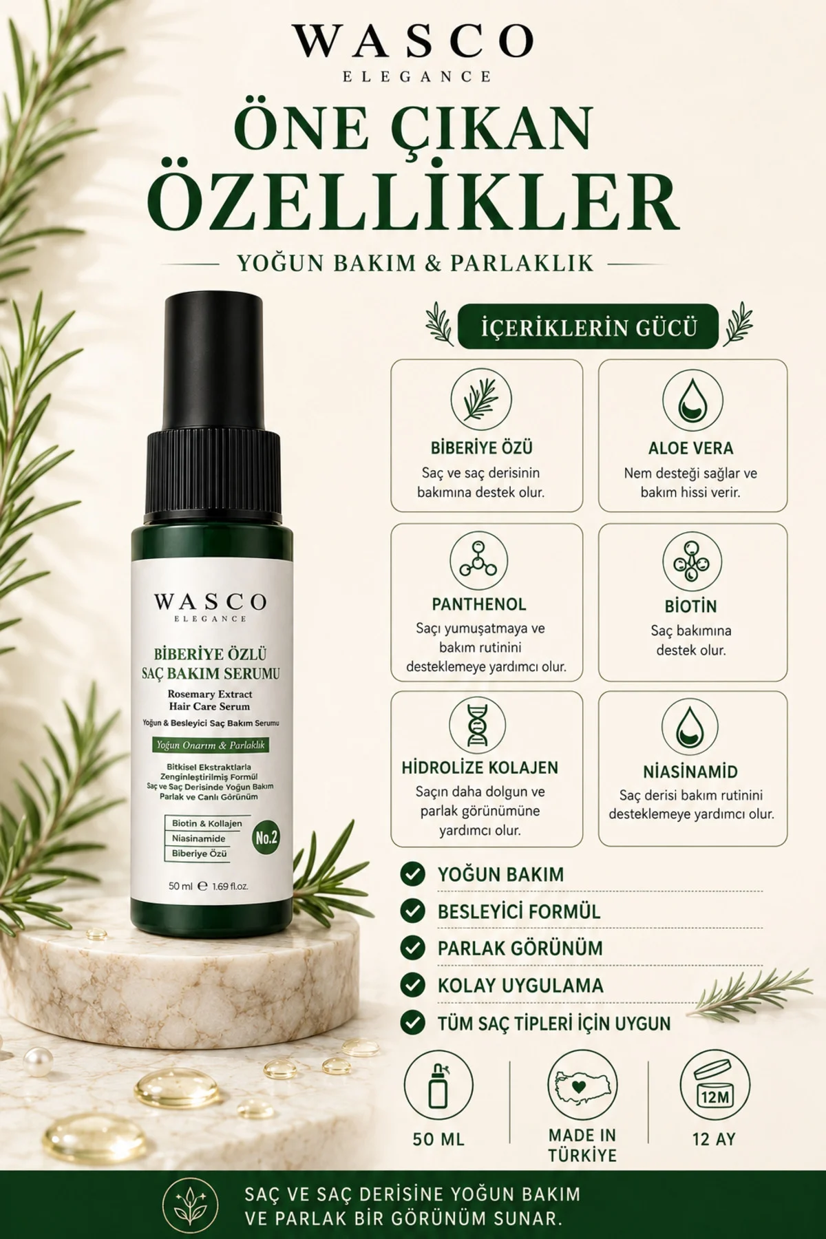 Biberiyeli Saç Bakım Serumu 50 ml | Biberiye, Kafein, Biotin ve Kolajen İçeren Besleyici Saç & Saç Derisi Bakımı