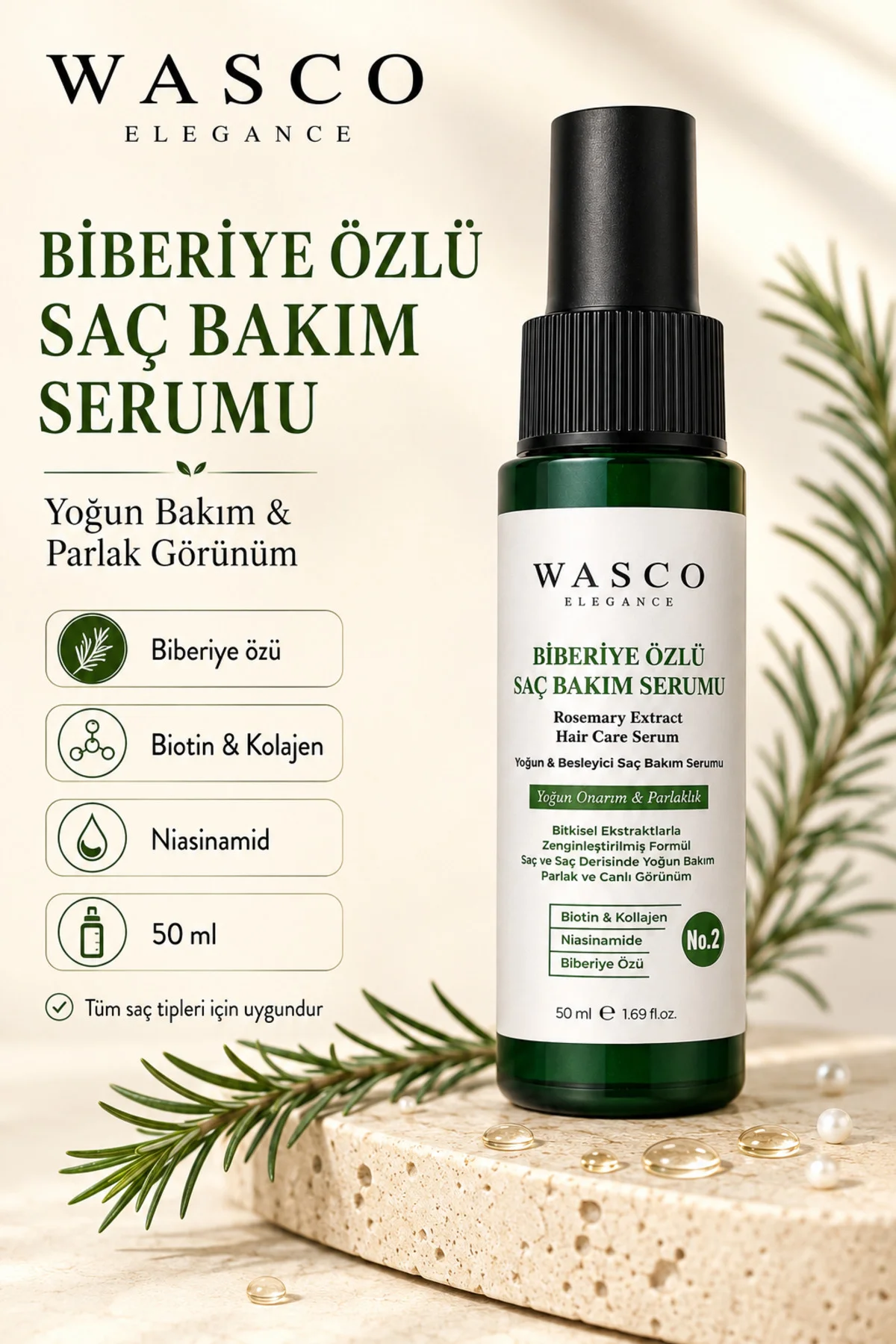 Biberiyeli Saç Bakım Serumu 50 ml | Biberiye, Kafein, Biotin ve Kolajen İçeren Besleyici Saç & Saç Derisi Bakımı