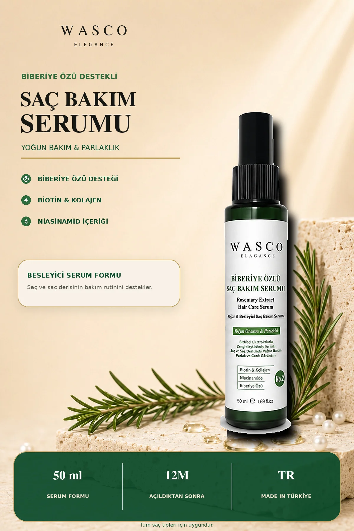 Biberiyeli Saç Bakım Serumu 50 ml | Biberiye, Kafein, Biotin ve Kolajen İçeren Besleyici Saç & Saç Derisi Bakımı