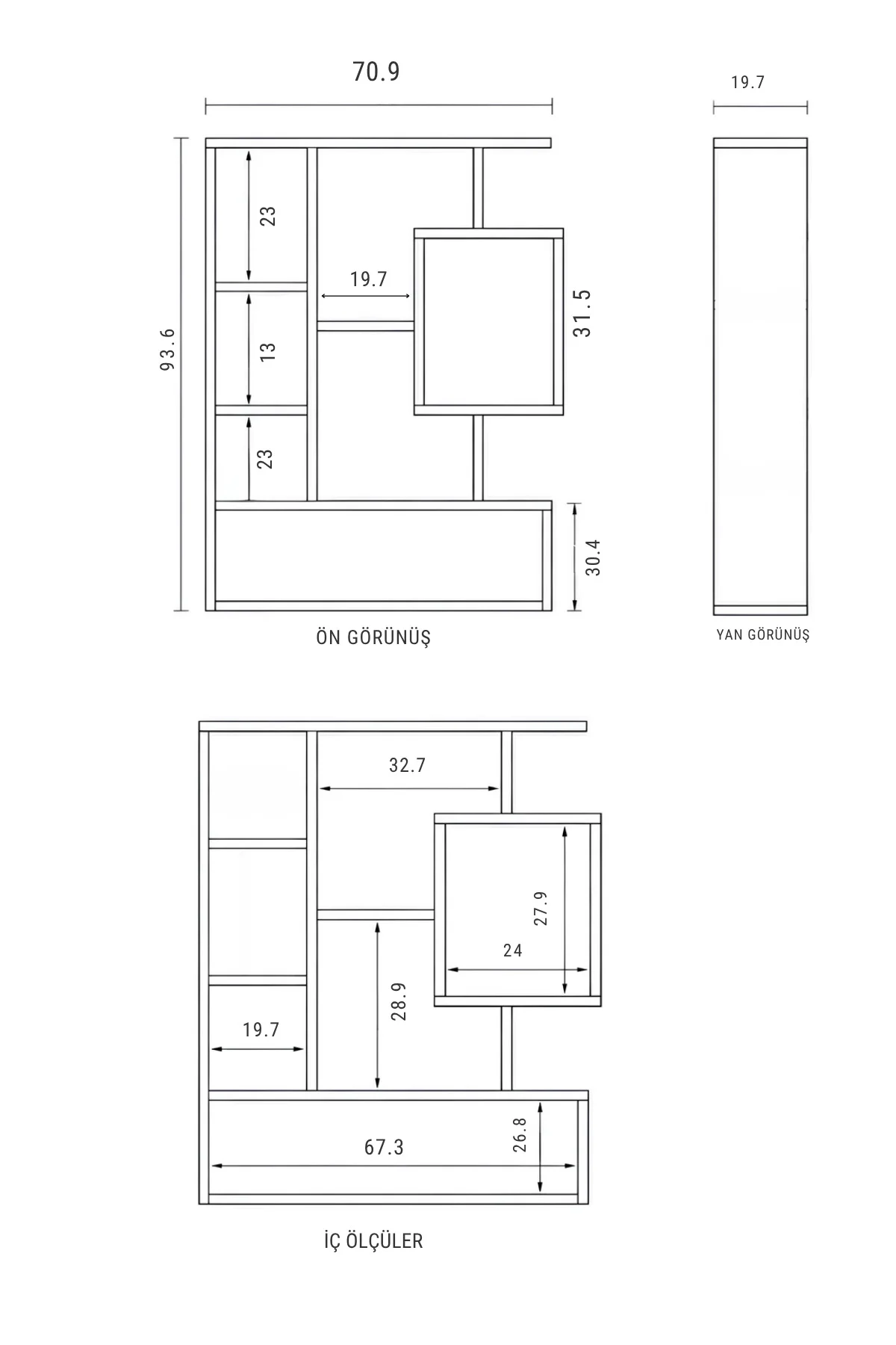 Bigane Büyük Dekoratif Duvar Rafı 70,9 × 93,6 cm – Asimetrik Çok Bölmeli Duvara Monte Raf - Görsel 6