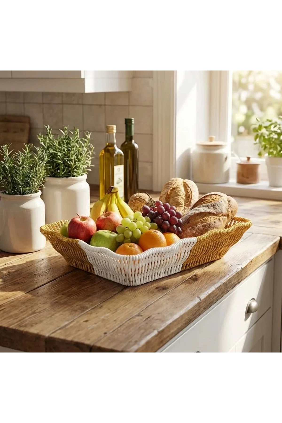 BiiShe® Dikdörtgen Çift Renkli Plastik Rattan Ekmek ve Meyve Sepeti - Çok Amaçlı Banyo ve Mutfak Düz BiiShe® Dikdörtgen Çift Renkli Plastik Rattan Ekmek ve Meyve Sepeti - Çok Amaçlı Banyo ve Mutfak Düz
