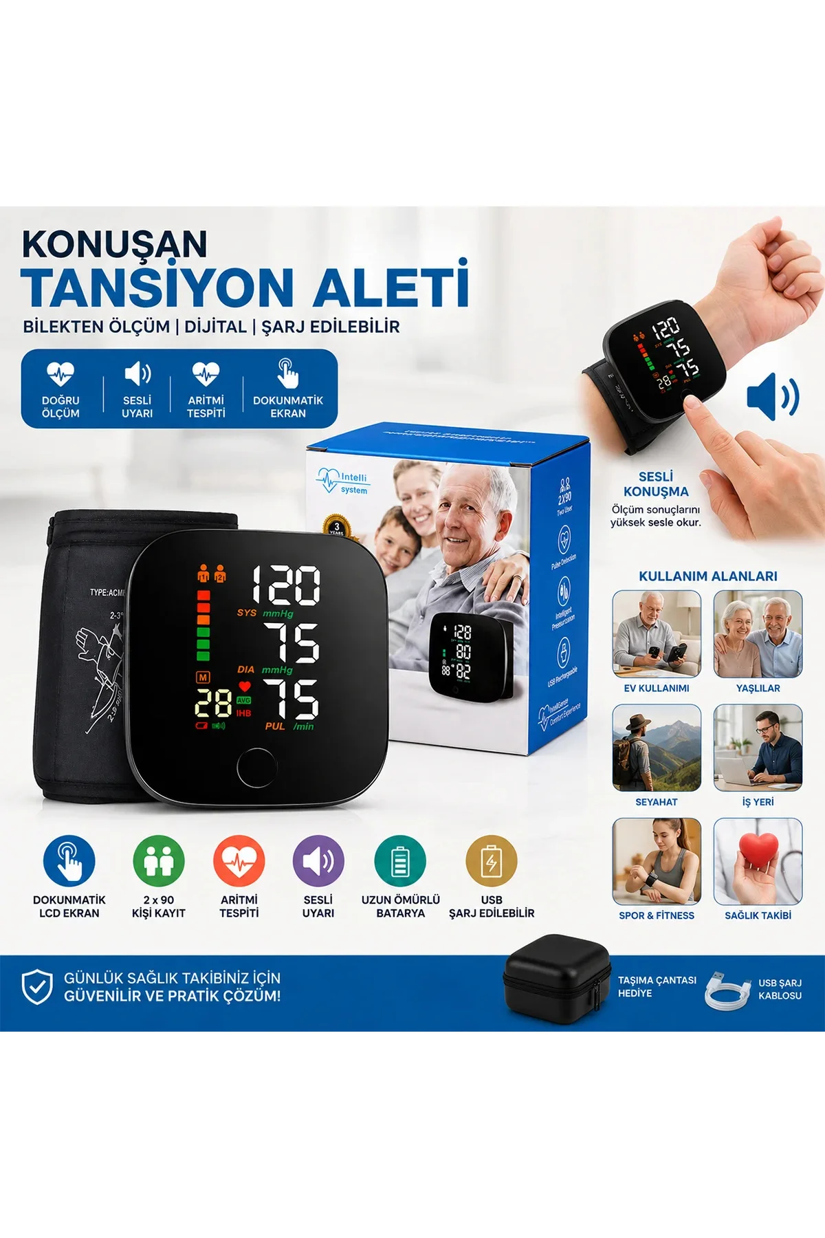 Bilek Tipi Dijital Tansiyon Ölçer - USB Şarjlı, Konuşan