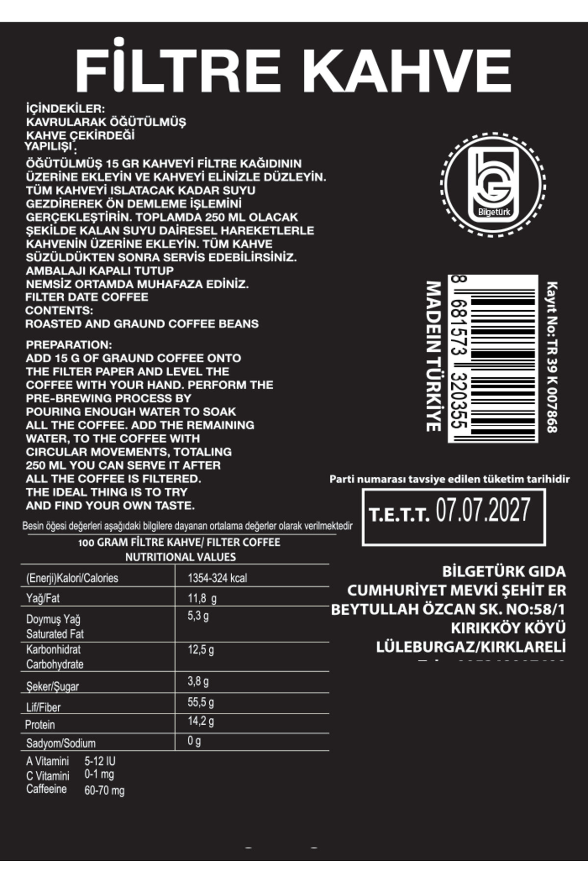 Bilgetürk Gida Bilgetürk Filtre Kahve 200 Gr