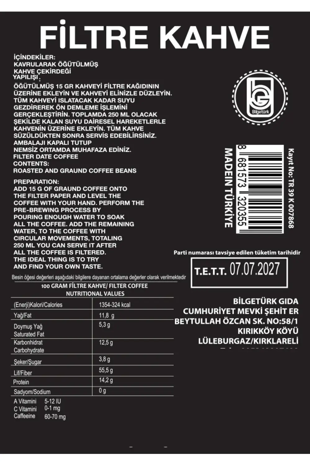 Bilgetürk Filtre Kahve 200GrX3=600Gr