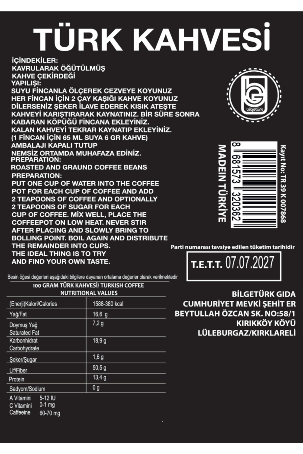 Bİlgetürk Türk Kahvesi 200 Gr