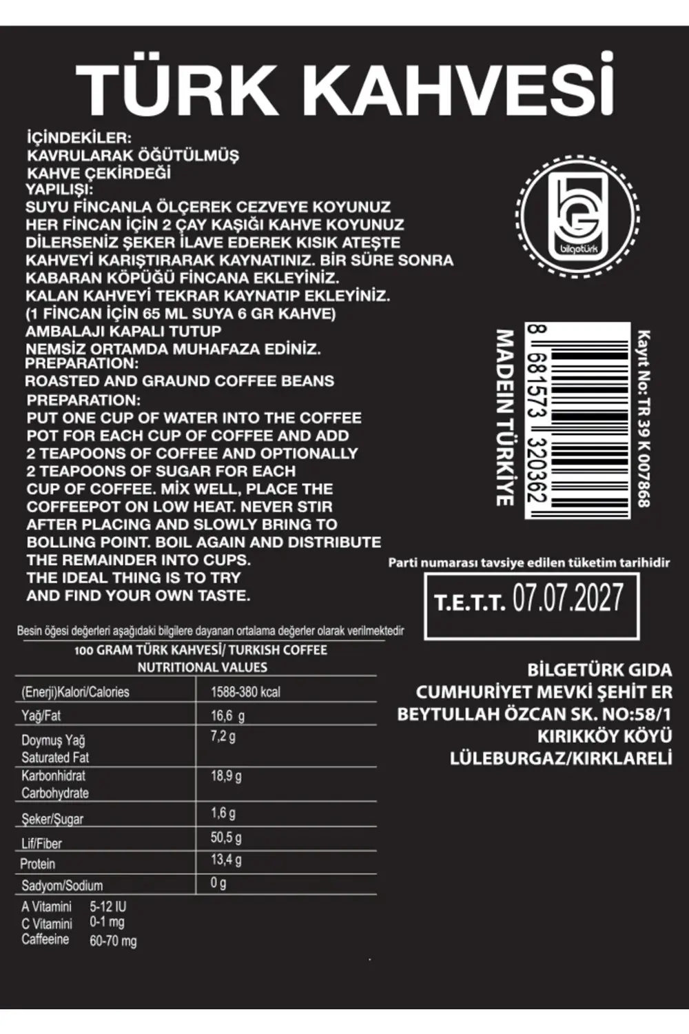 Bilgetürk Türk Kahvesi 200GrX3=600Gr