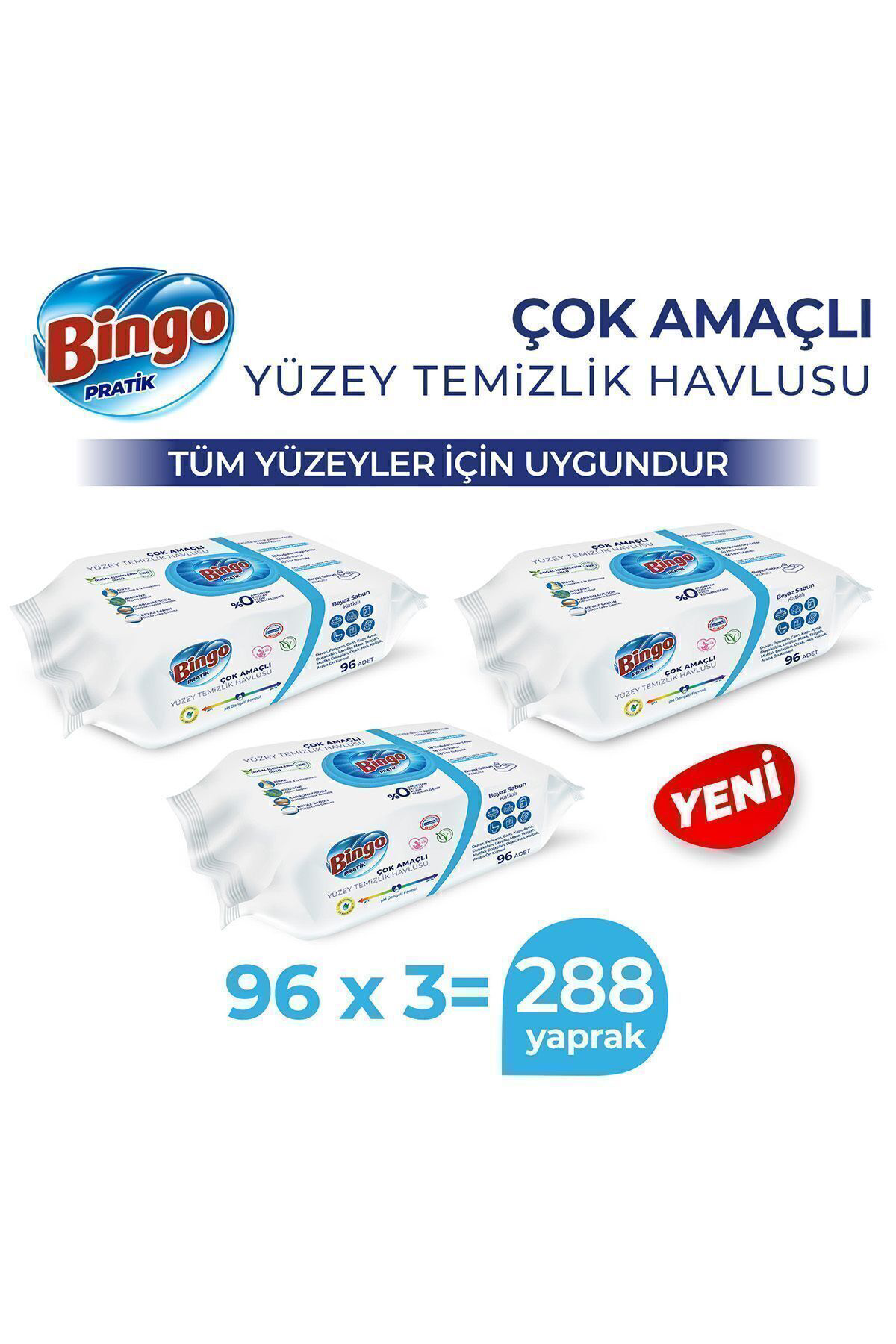 Bingo  Pratik Yüzey Temizlik Havlusu Beyaz Sabun 96X3 (288 Yaprak)