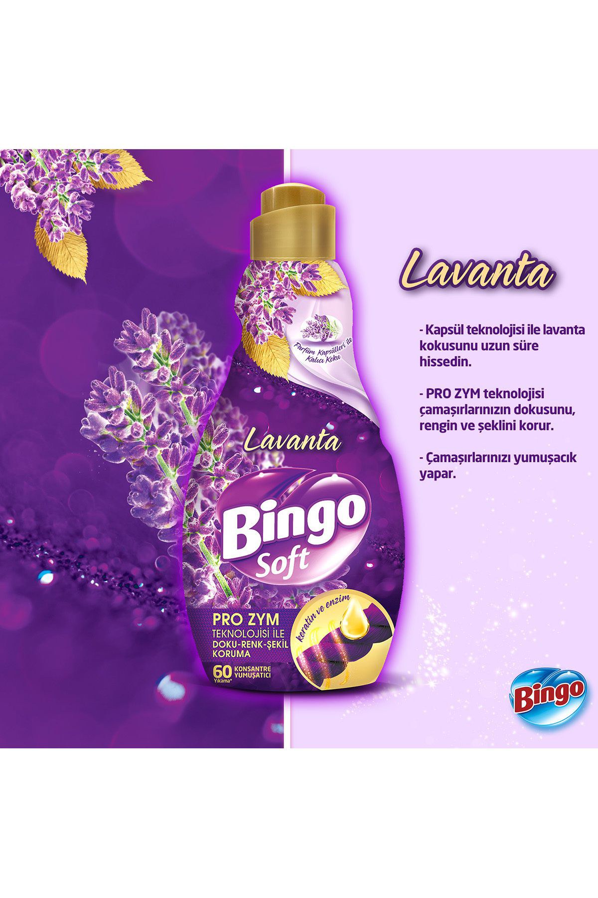 BİNGO Soft Konsantre Çamaşır Yumuşatıcısı Lavanta 1440 ml X 4 Ade