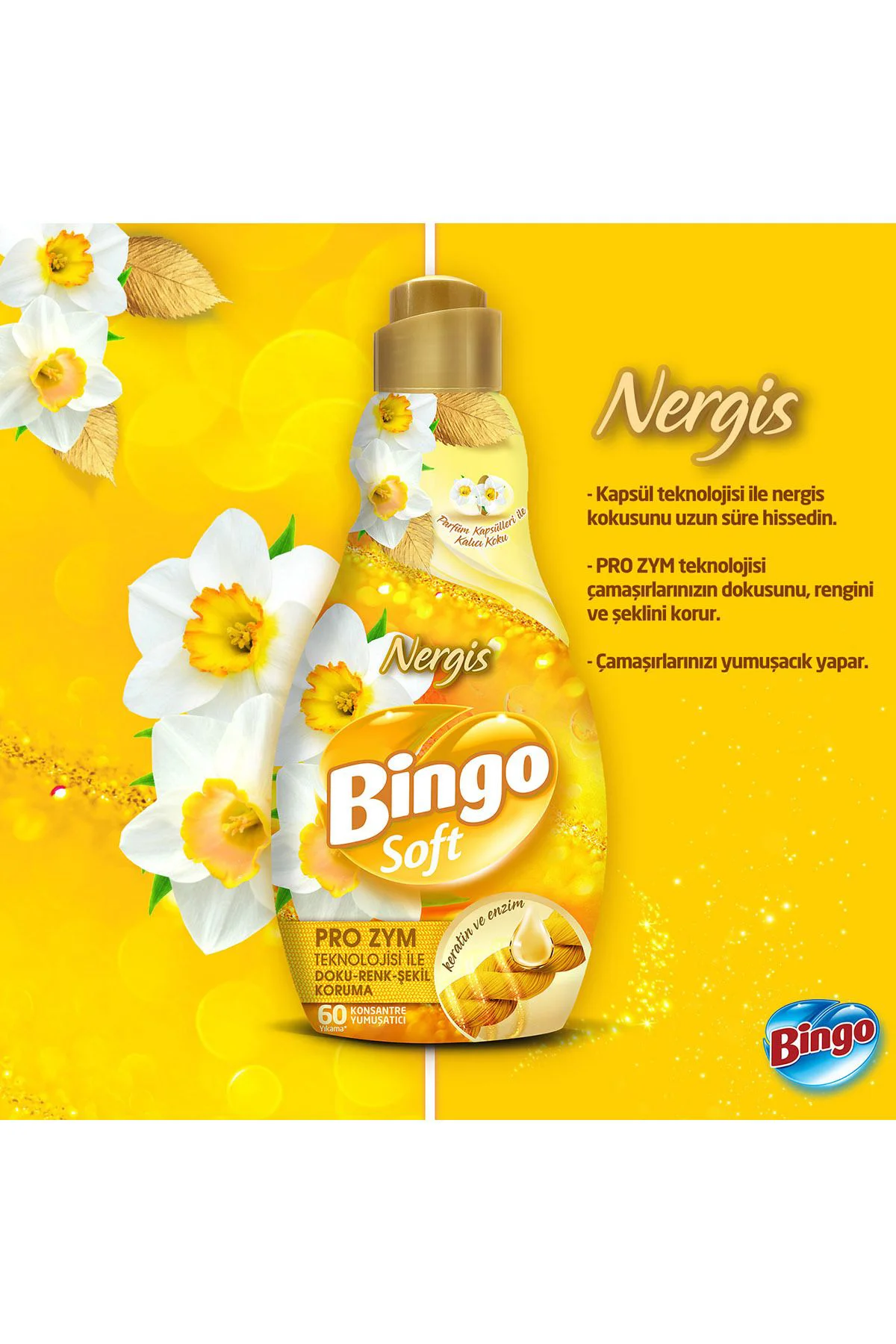 Bingo Soft Konsantre Çamaşır Yumuşatıcısı Nergis 1440 ml X 4 Adet Bingo Soft Konsantre Çamaşır Yumuşatıcısı Nergis 1440 ml X 4 Adet