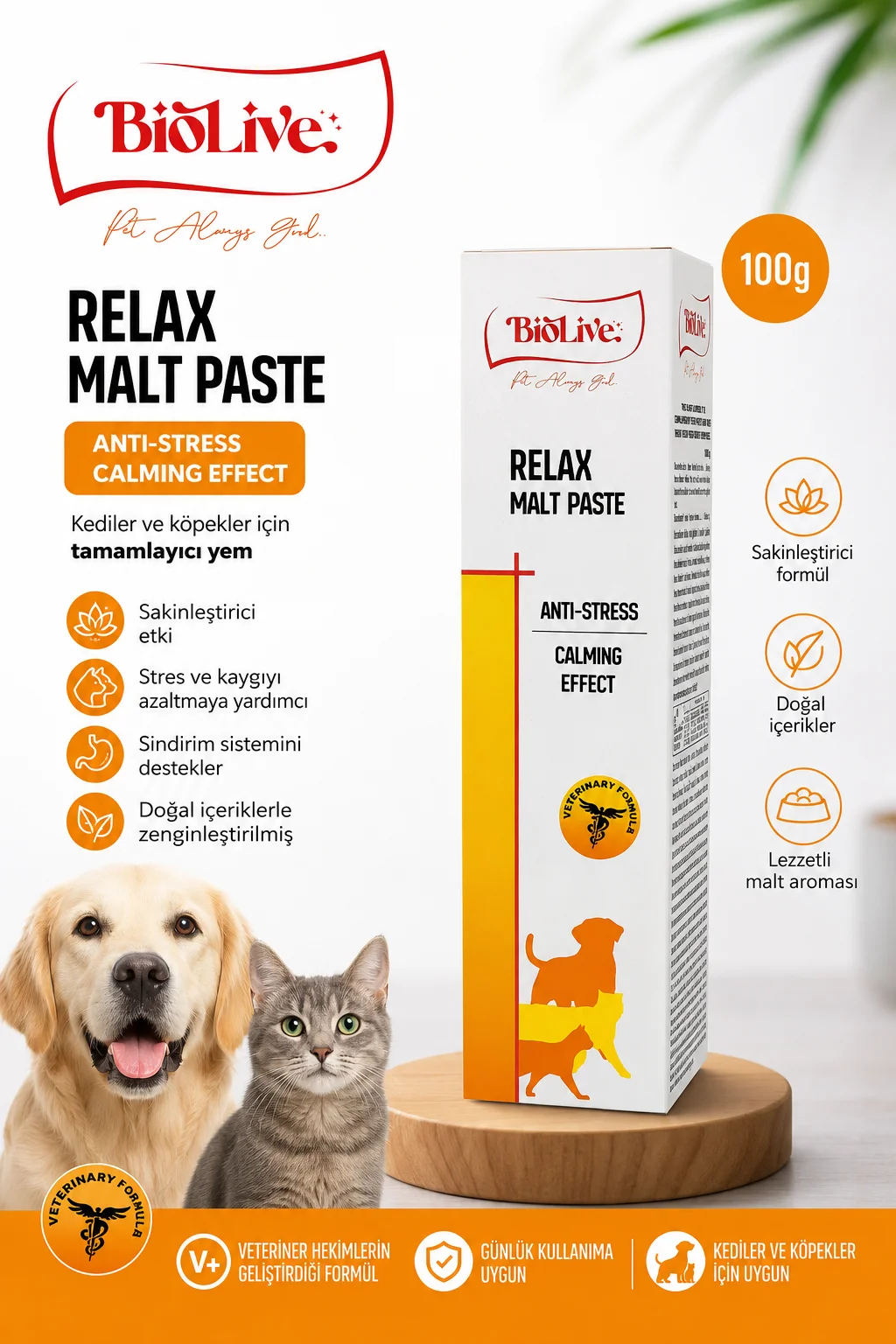 BioLive Relax Malt Paste Kedi ve Köpekler İçin Anti-Stress Malt Macunu 100 g