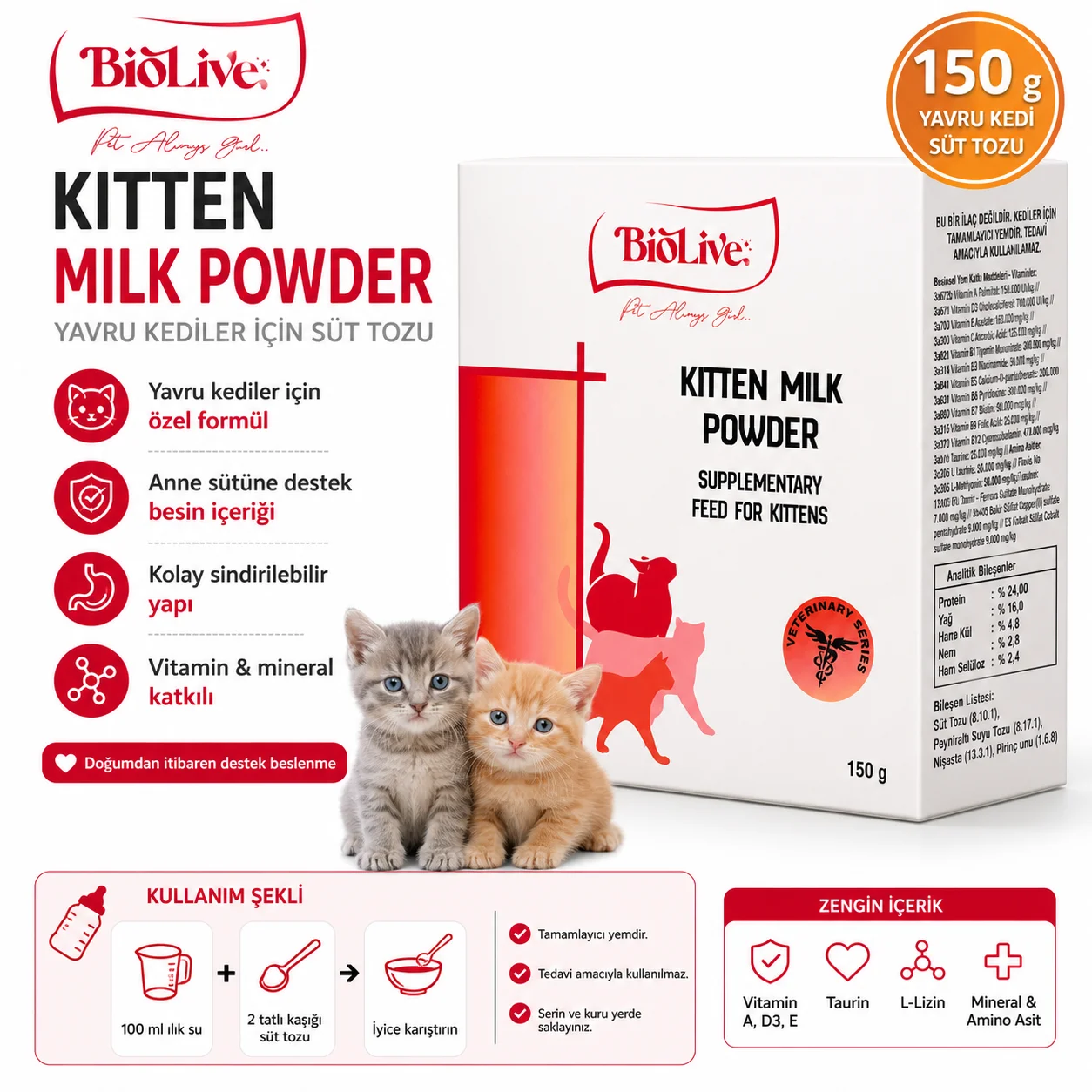 Biolive Yru Kedileri İçin Süt Tozu 150 gr Fiyatı, Yorumları ve Özellikleri