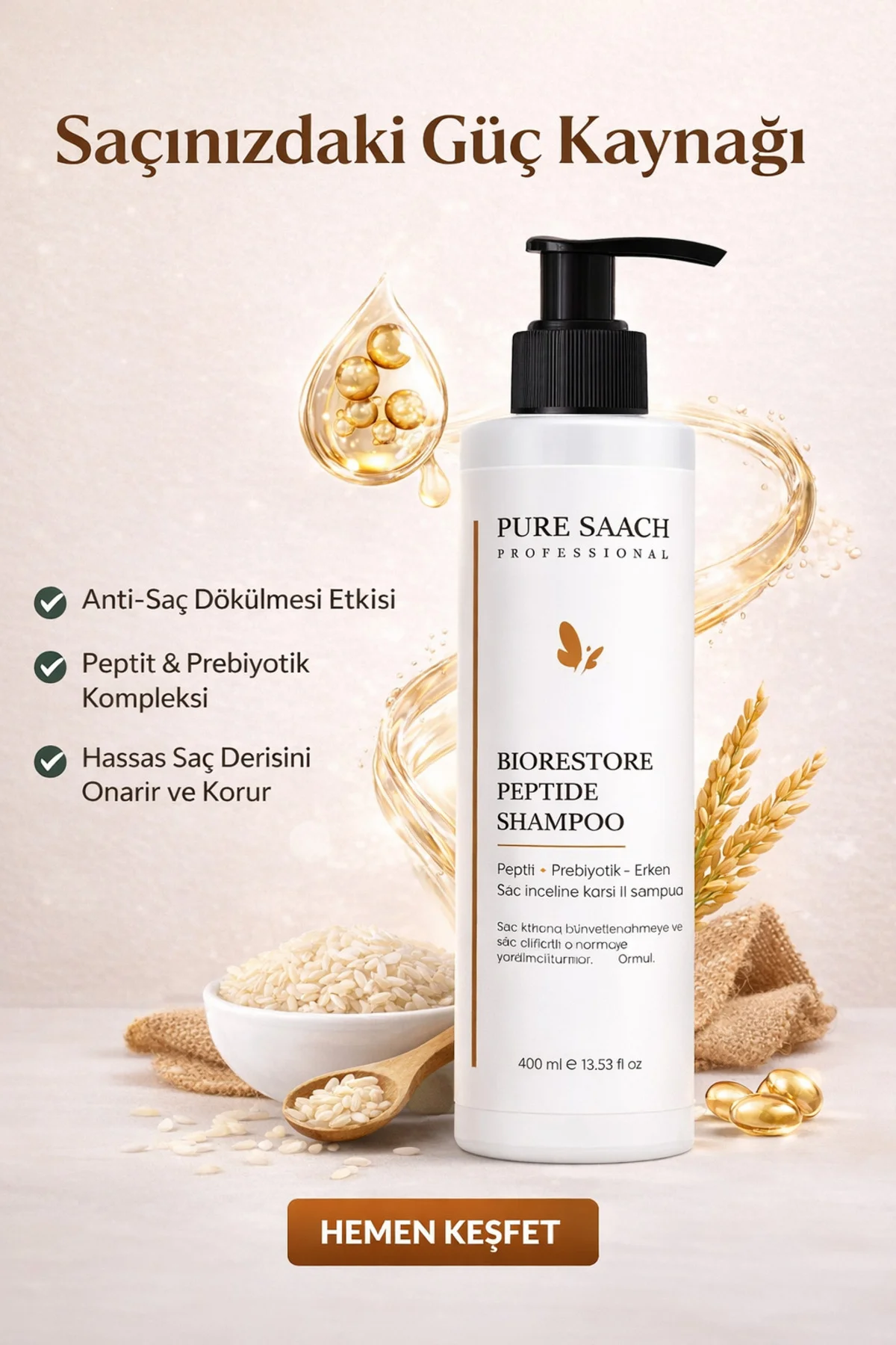 BioRestore Peptide Onarıcı Bakım Şampuanı - Yıpranmış Saçlar İçin 400 ml - Görsel 3