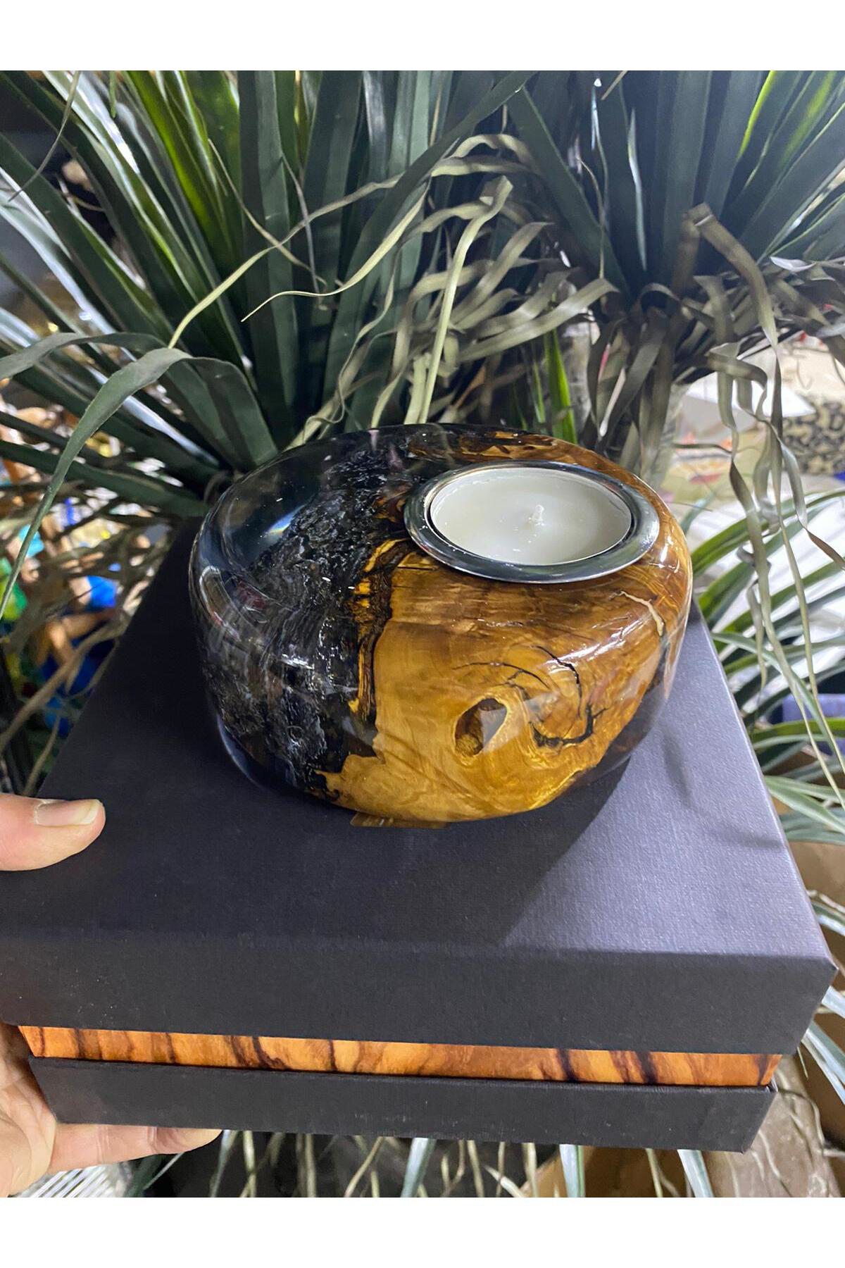 Elif Aksesuar Biosy Zeytin Ağacından Mumluk Füme 15 Cm