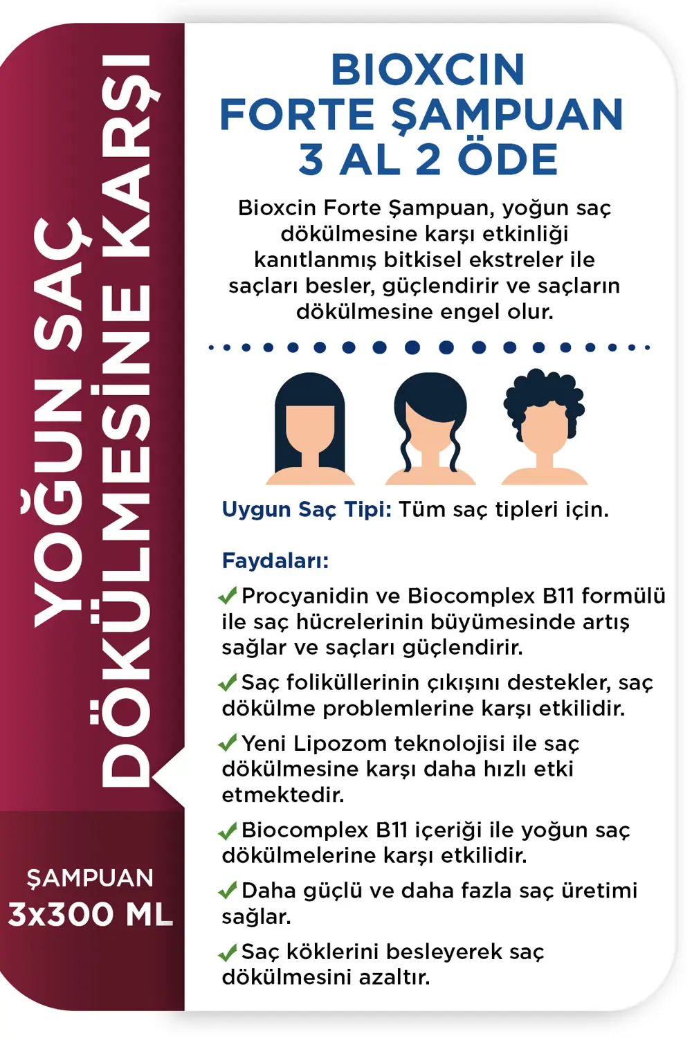 Bioxcin Forte Şampuan Tüm Saç Tipleri Için 3x300ml Yoğun Saç Dökü
