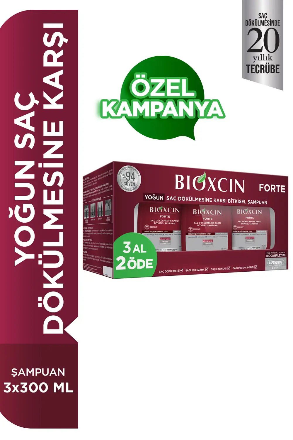 Bioxcin Forte Şampuan Tüm Saç Tipleri Için 3x300ml Yoğun Saç Dökü
