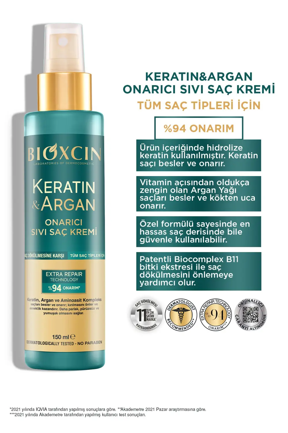 Bioxcin Keratin & Argan Onarıcı Sıvı Saç Bakım Kremi 150 Ml Yıpra