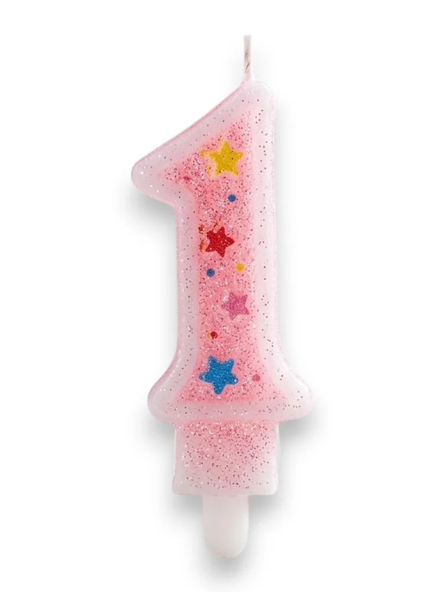 Bir Rakamlı Pembe Mum Doğum Günü Pasta Mumu ( 7X3) cm - Sayılı Mu