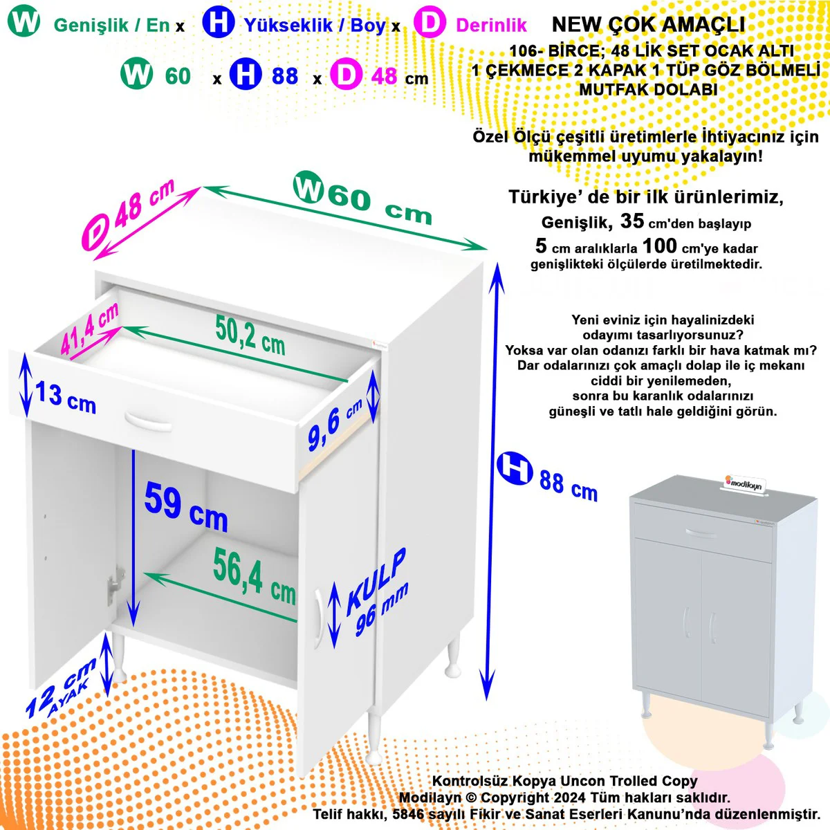 BİRCE 60 x 87 x 48 cm Set Üstü Ocak ve Tüp Bölmeli Çekmeceli Mutf
