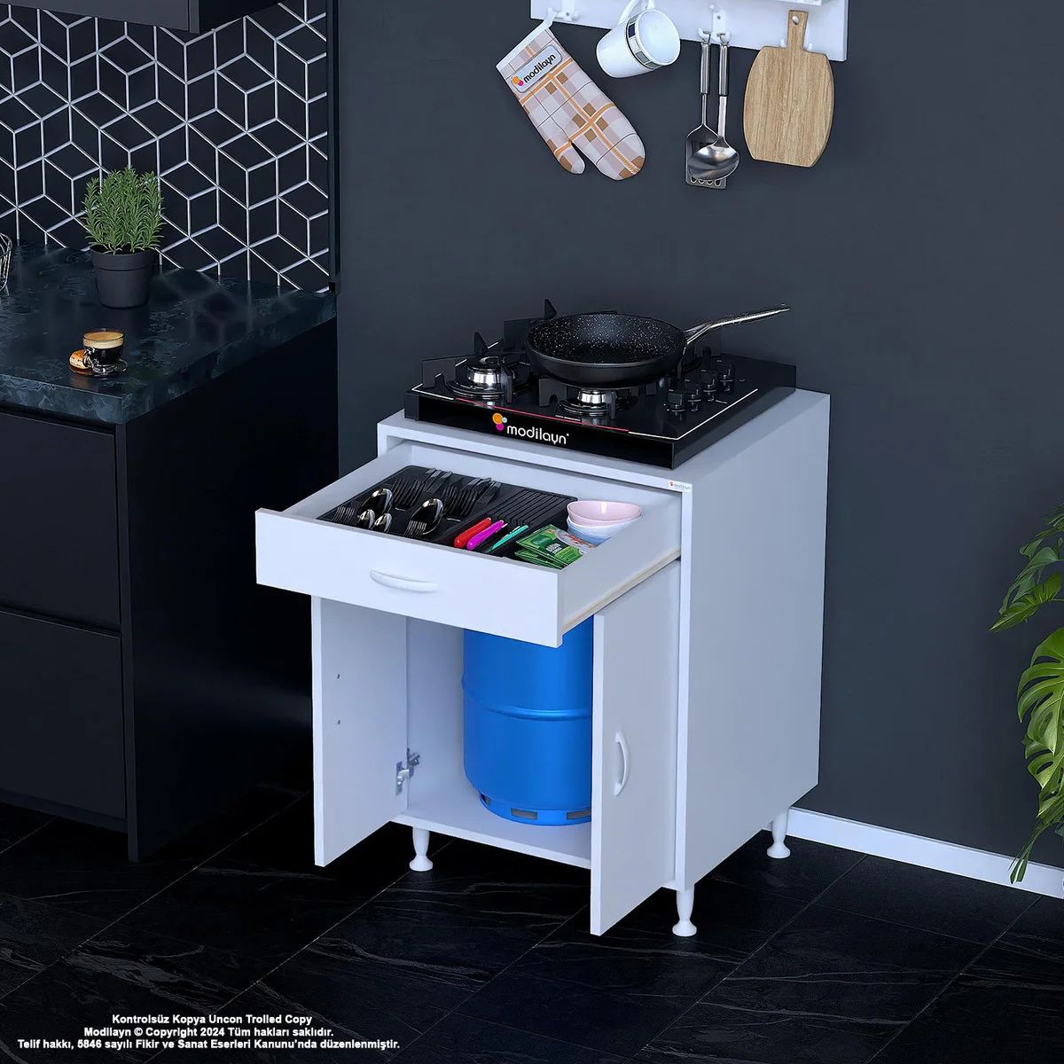 BİRCE 60 x 87 x 48 cm Set Üstü Ocak ve Tüp Bölmeli Çekmeceli Mutf