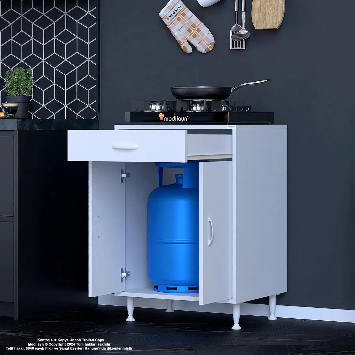 BİRCE 60 x 87 x 48 cm Set Üstü Ocak ve Tüp Bölmeli Çekmeceli Mutf