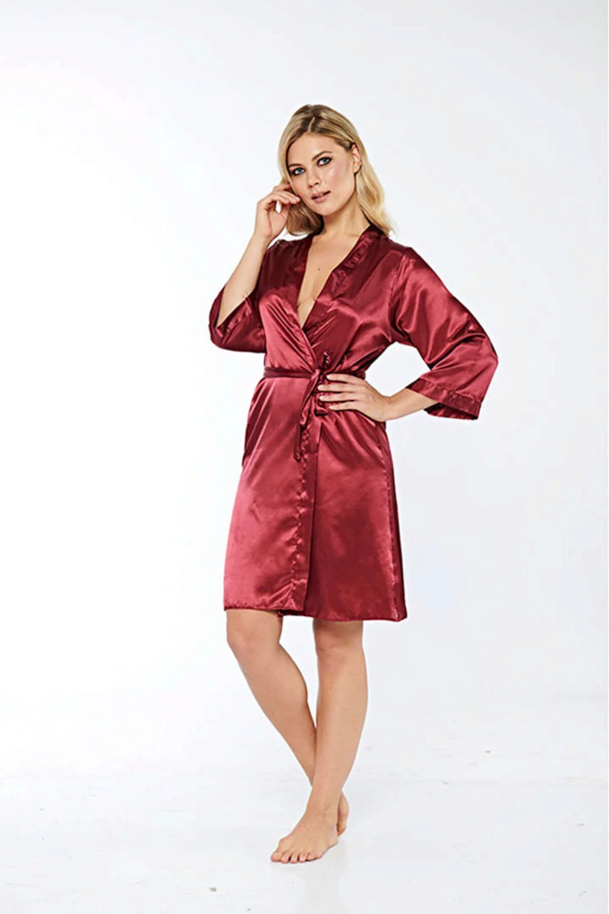BİREYCEL Bordo İpek Saten Sabahlık - 14004 - (203622) Beden L