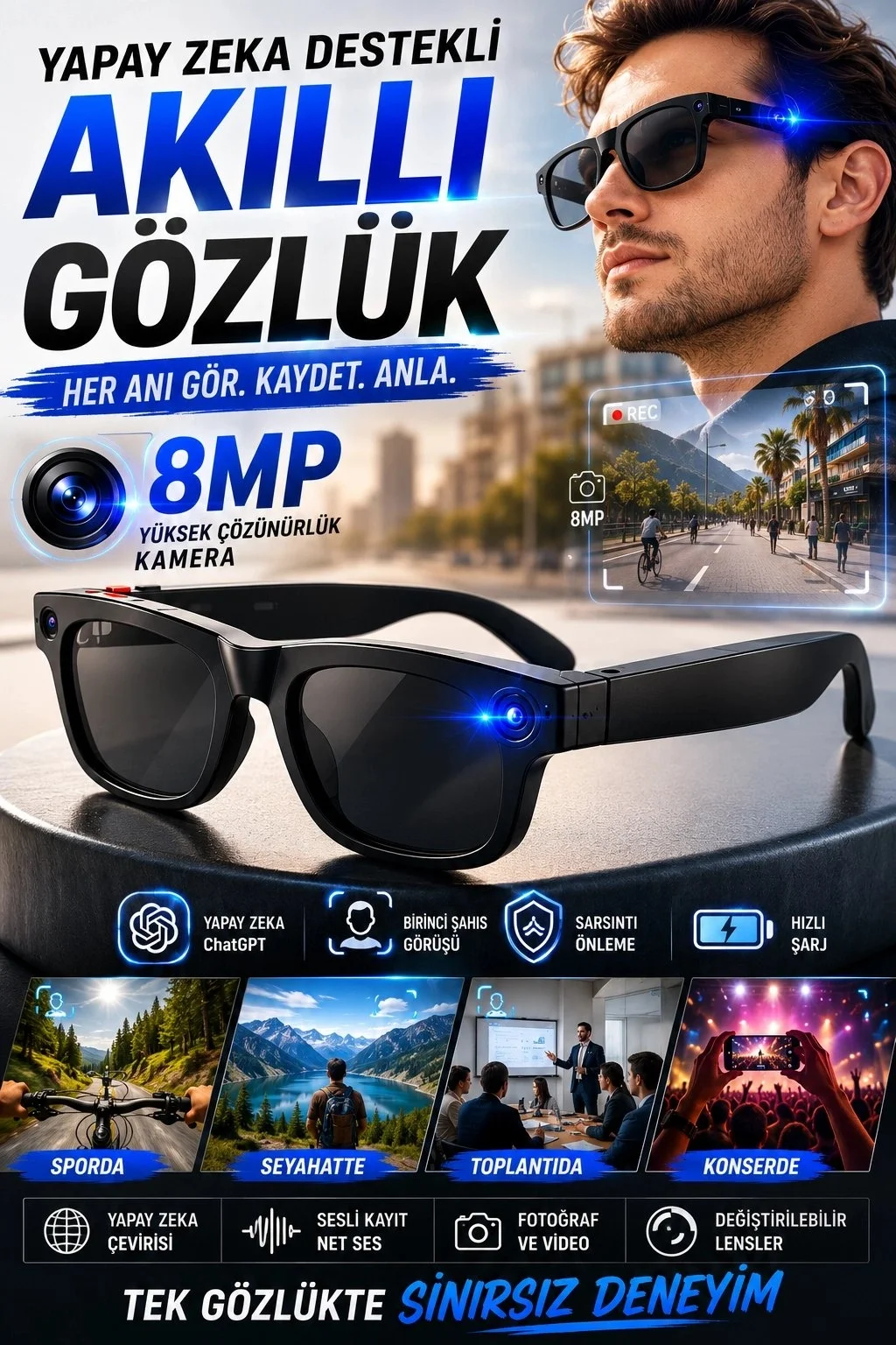 Birinci Şahıs Görüşlü 8MP Kameralı Yapay Zeka Akıllı Gözlük ChatGPT Destekli Model