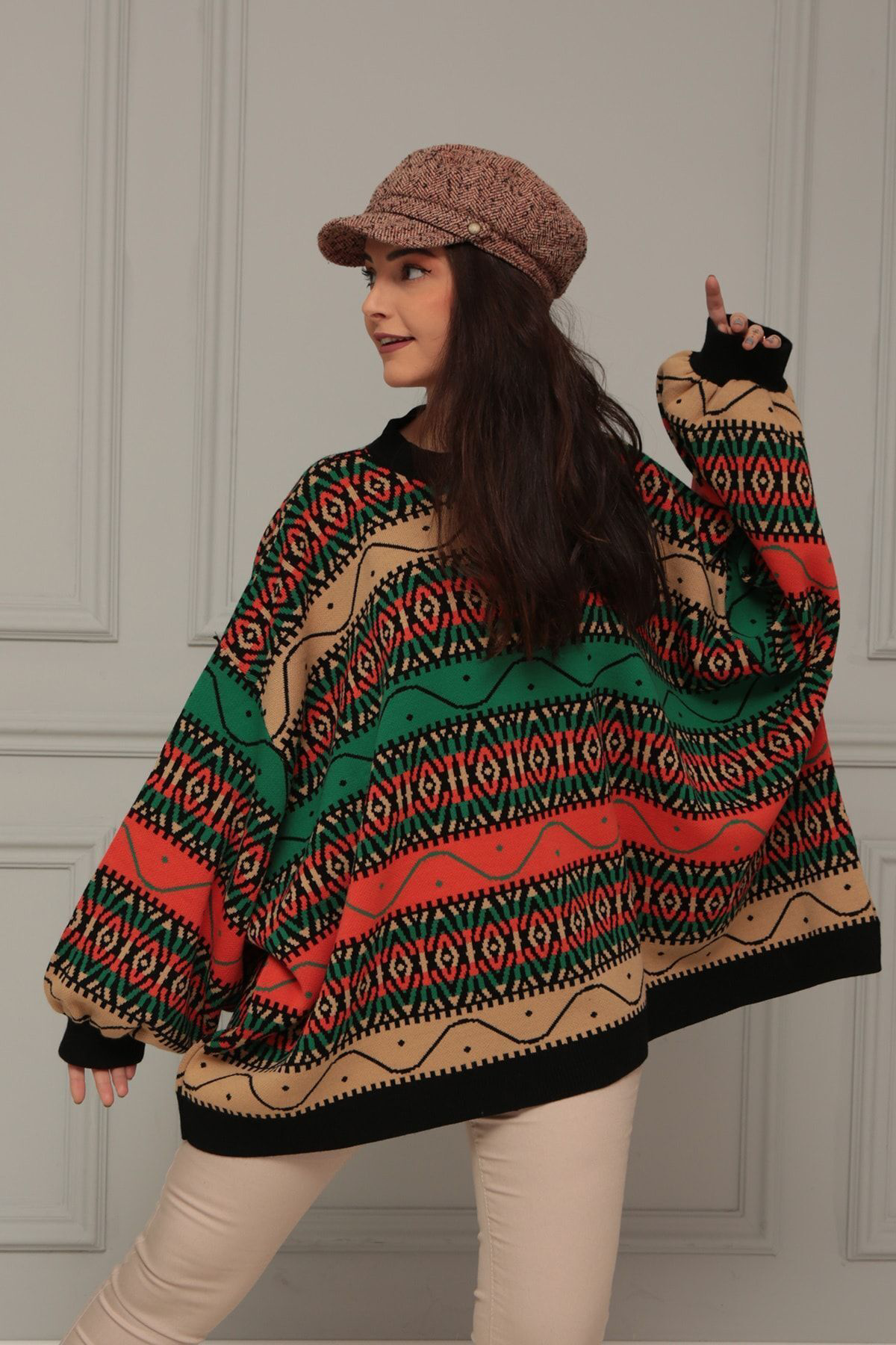 Bluecorner Bisikle Yaka Etnik Desen Yarasa Kol Kazak Blu14280