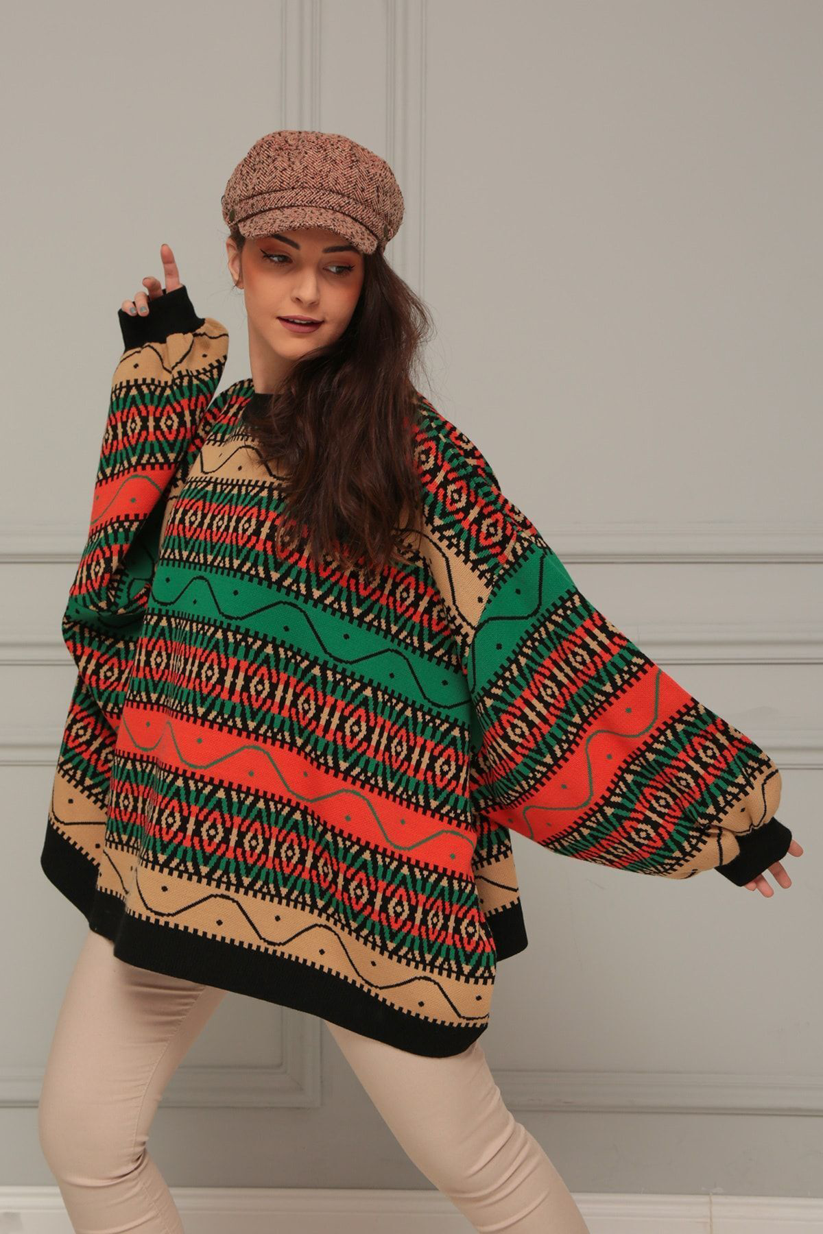 Bluecorner Bisikle Yaka Etnik Desen Yarasa Kol Kazak Blu14280