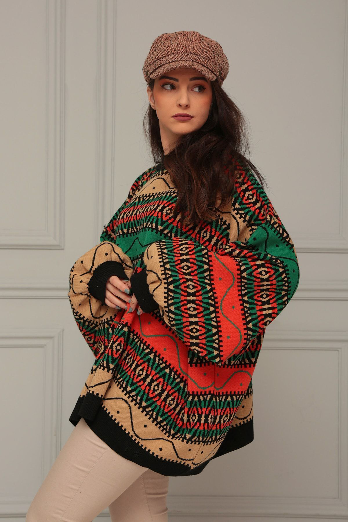 Bluecorner Bisikle Yaka Etnik Desen Yarasa Kol Kazak Blu14280