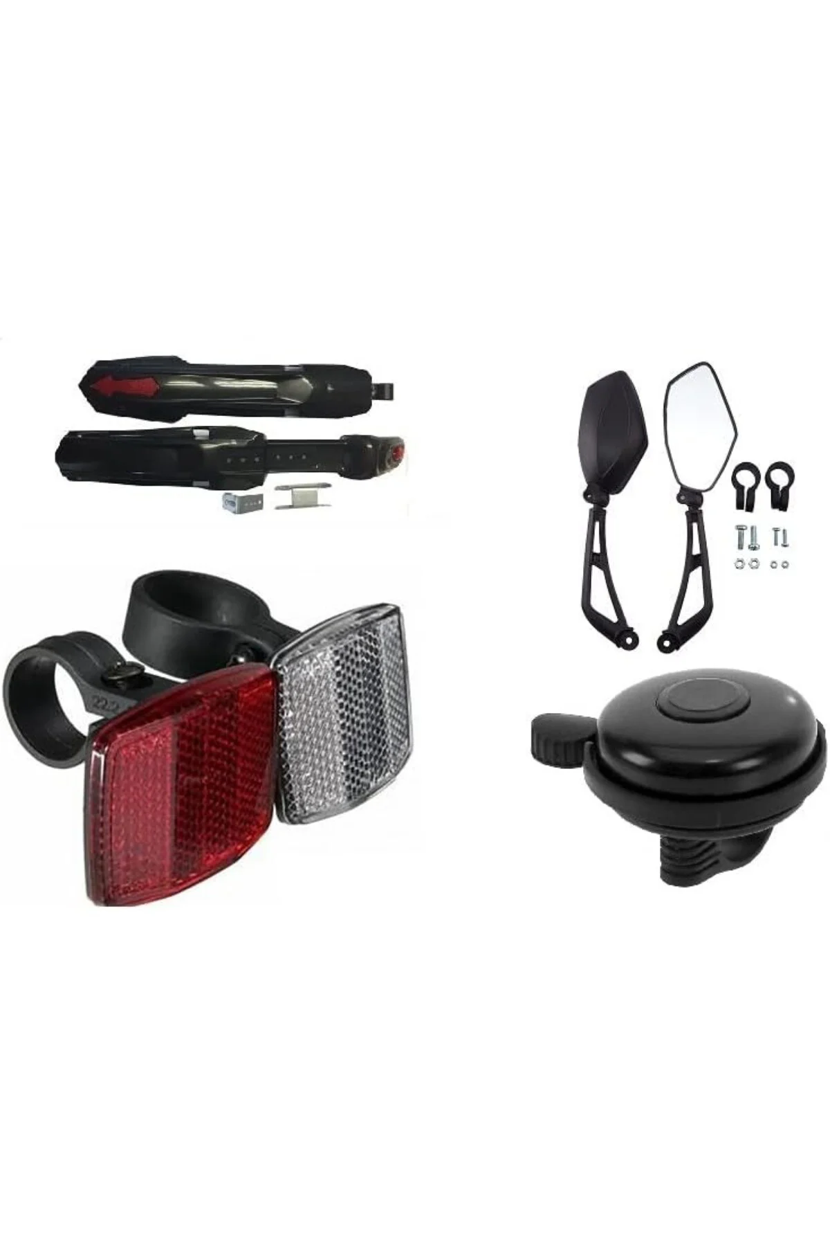 BİSİKLET AKSESUAR KOMBİNİ 4 LÜ SET (AYNA,ZİL,ÇAMURLUK REFLEKTÖR)
