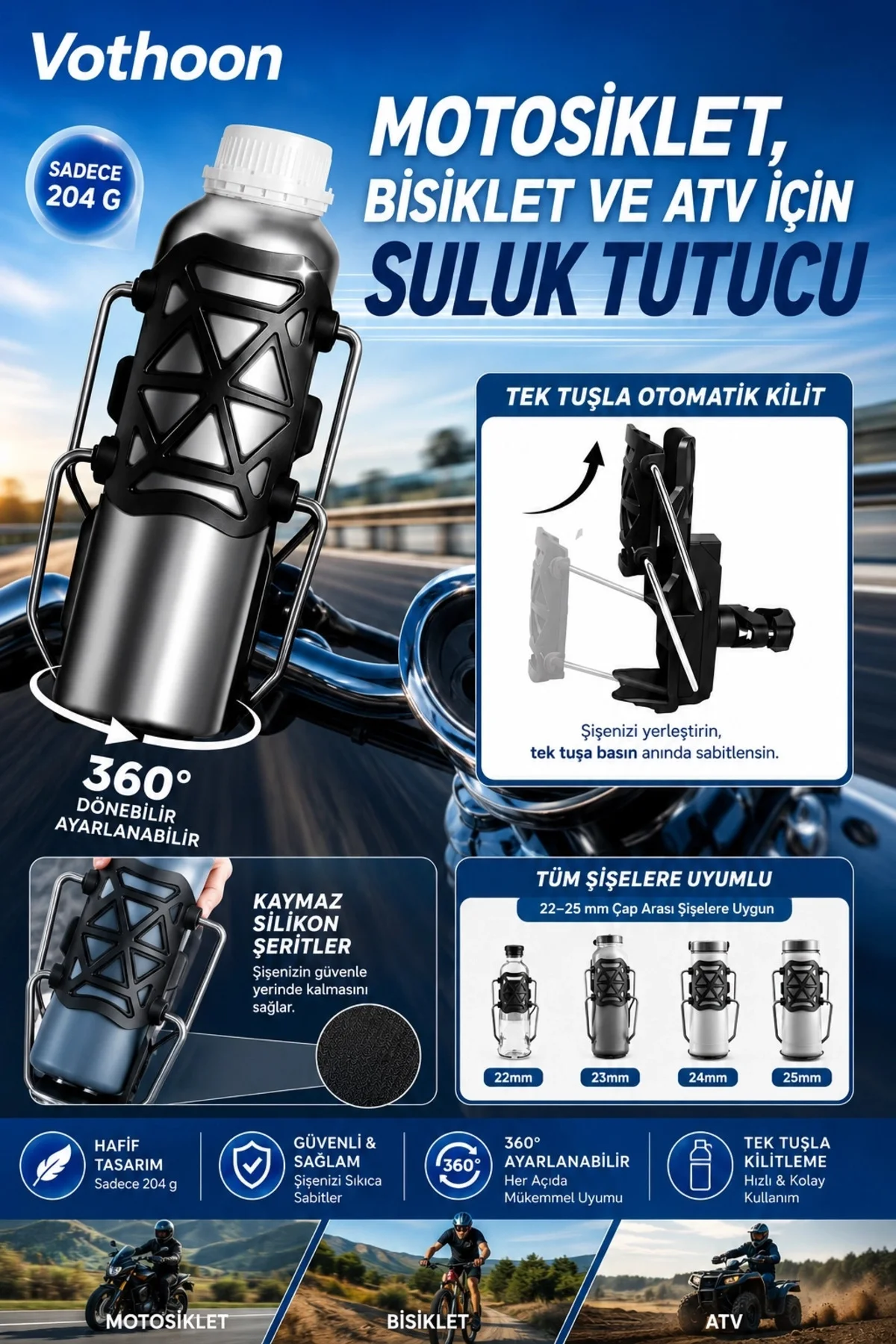 Bisiklet Motosiklet Atv Ve Scooter Uyumlu Matara Suluk Tutucu Gidon Bağlantılı Esnek Gövdeli Şişe Ap - Görsel 2