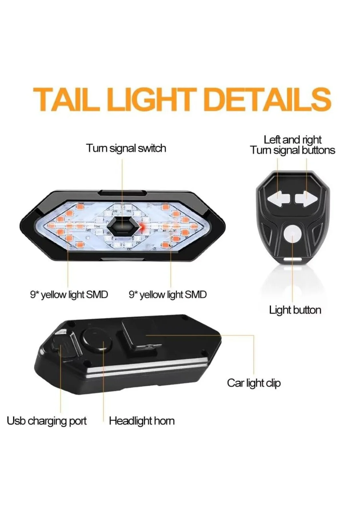 Bisiklet Scooter Dönüş Sinyali 5 Farklı Işık Şarjlı Arka LED Uyar