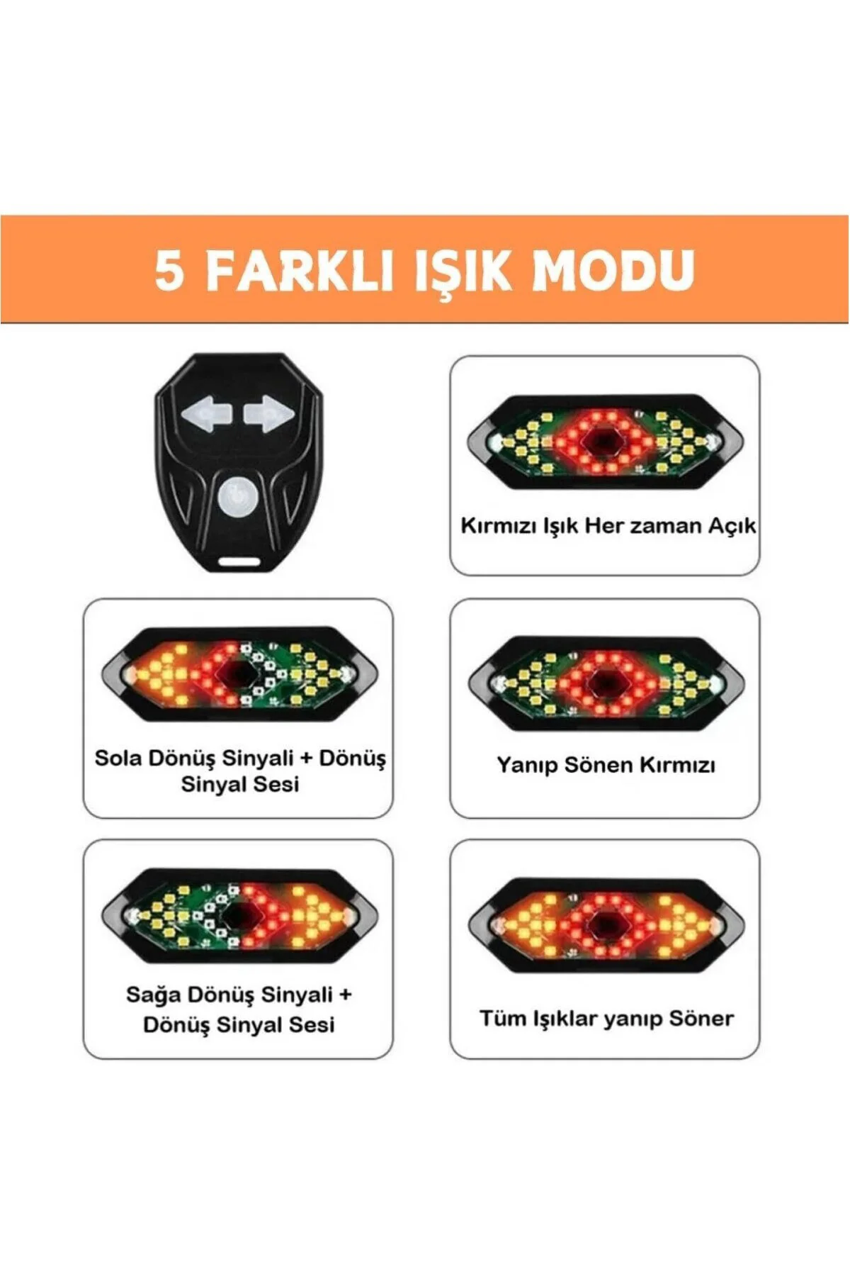 Bisiklet Scooter Dönüş Sinyali 5 Farklı Işık Şarjlı Arka LED Uyar