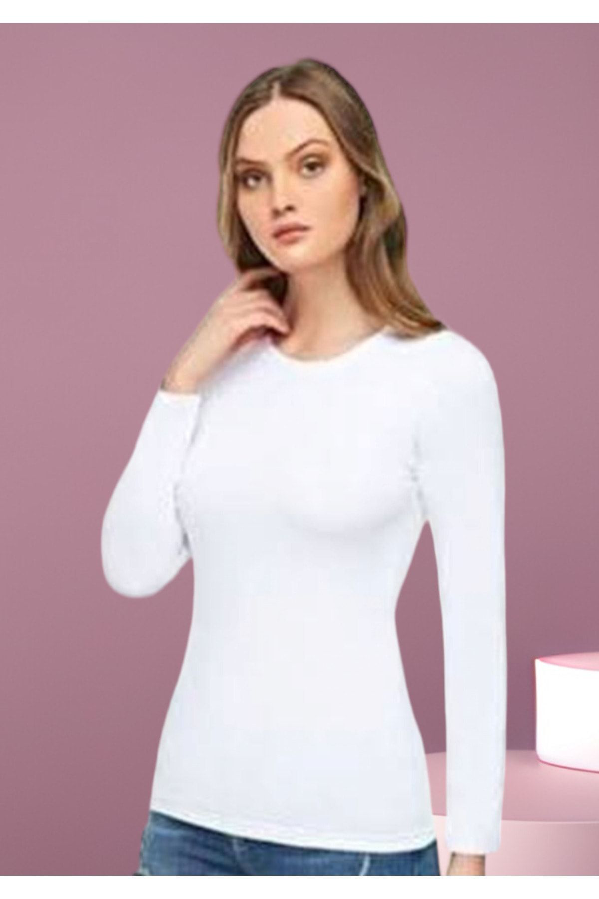 Trenddünya Bisiklet Yaka Elestan Uzun Kol Kadın Siyah-Beyaz Likralı Pamuklu