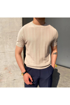 Bisiklet Yaka Triko Erkek T-shirt BEJ