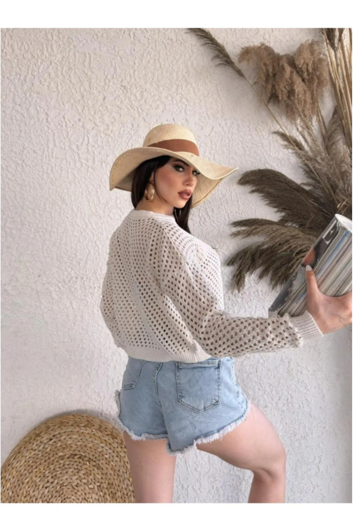 Bisiklet Yaka Triko Delıklı Kazak - Krem