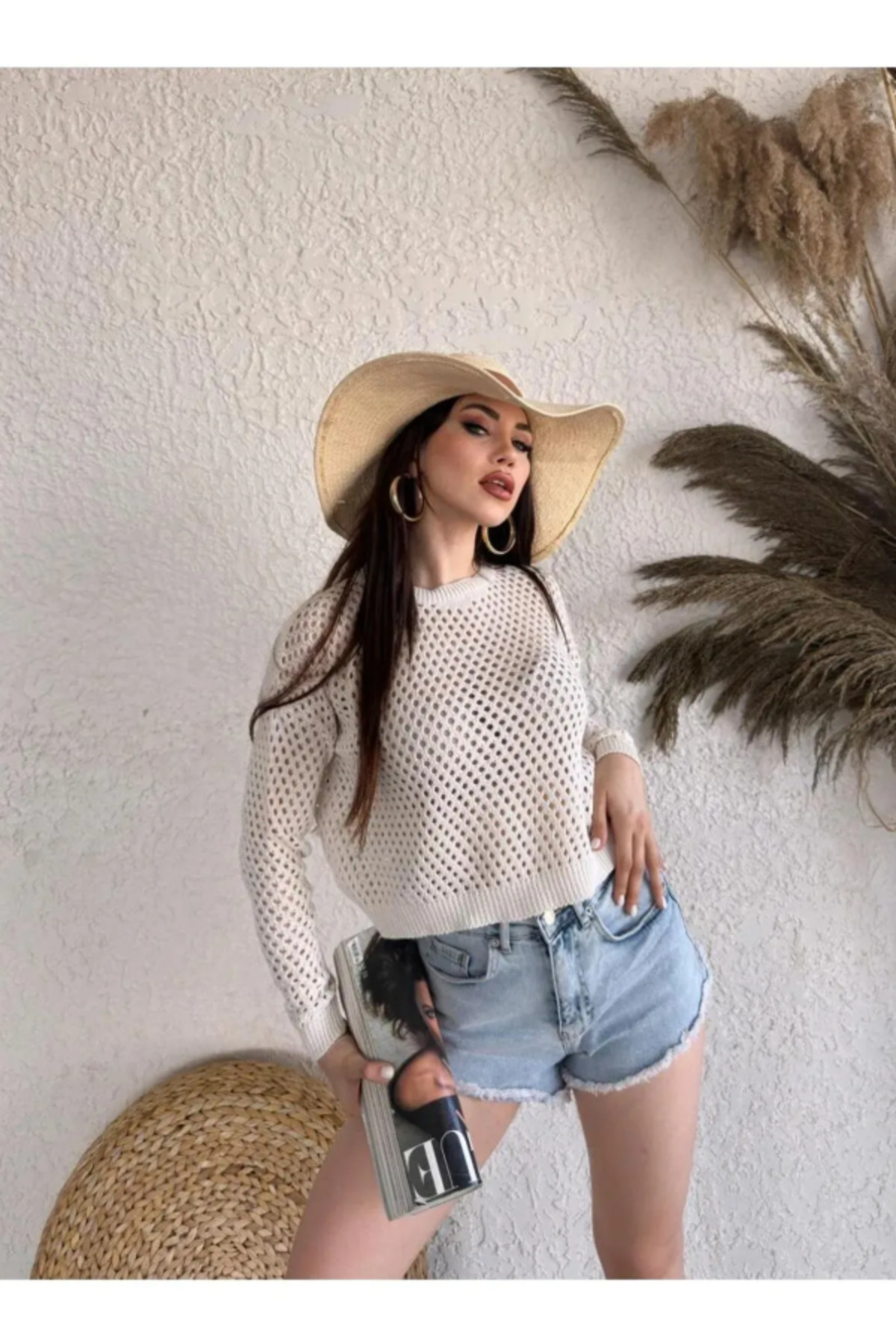 Bisiklet Yaka Triko Delıklı Kazak - Krem