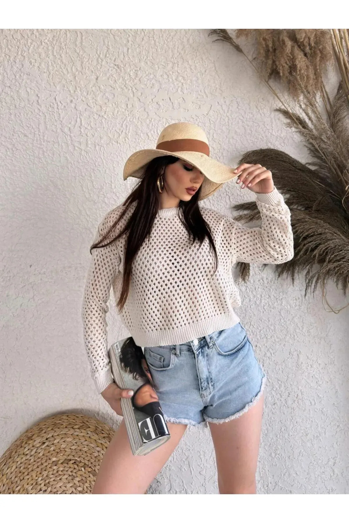 Bisiklet Yaka Triko Delıklı Kazak - Krem