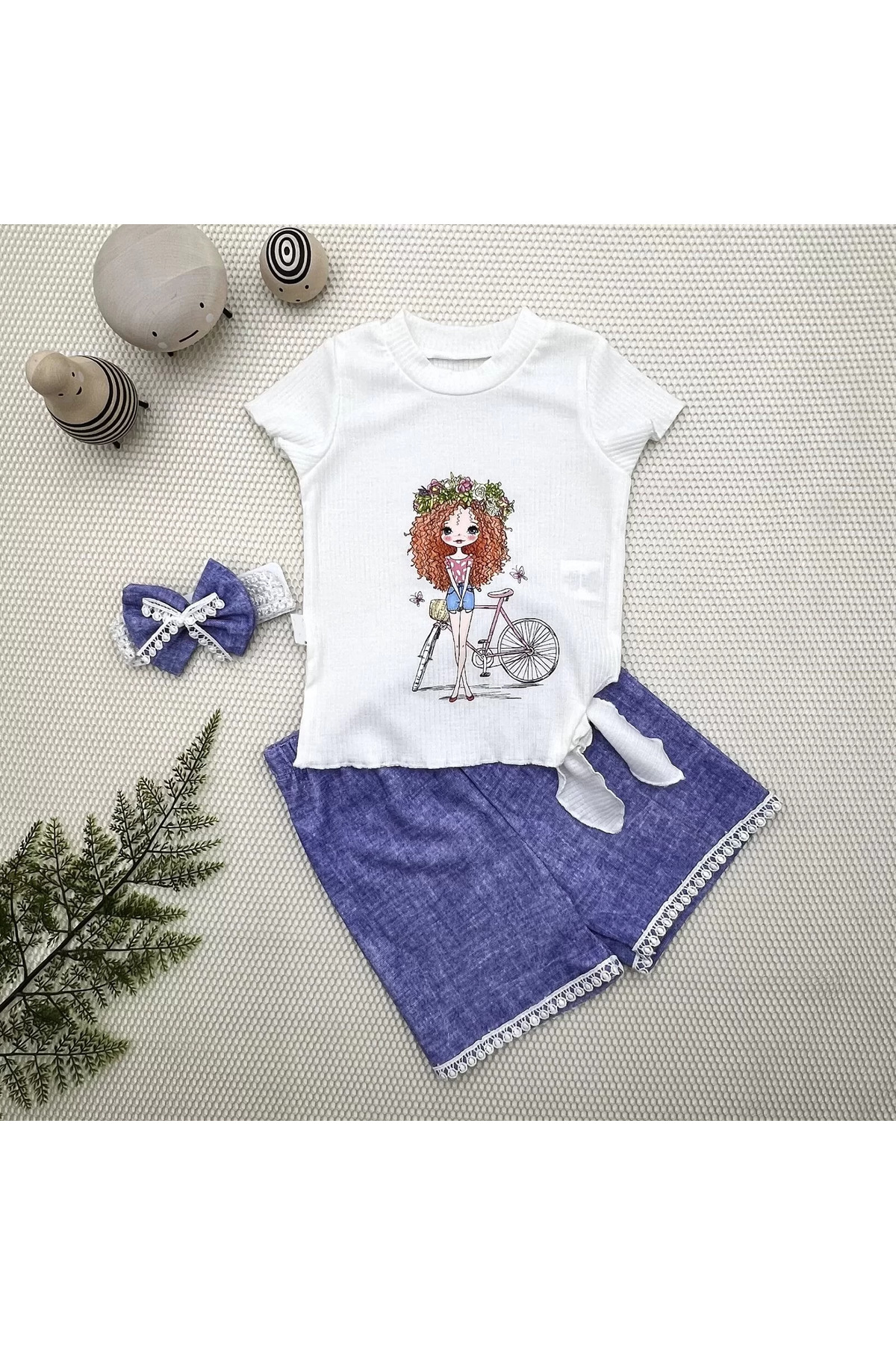 Mcem Store Bisikletli Kiz Baskili Bandanali Kot Desenli Şort Kisa Kollu Tişö