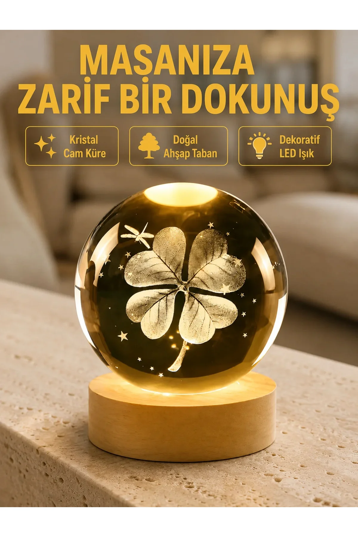Bitki Temalı LED Işıklı Cam Küre Ahşap Standlı Modern Gece Lambası Bitki Temalı LED Işıklı Cam Küre Ahşap Standlı Modern Gece Lambası