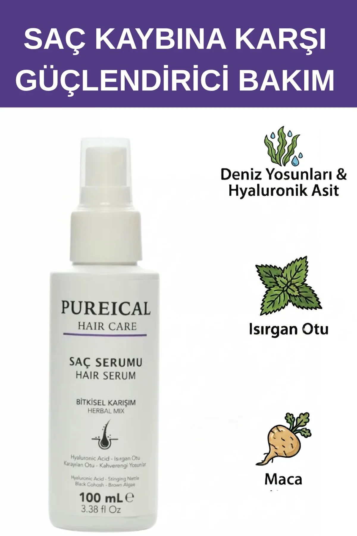 Bitkisel Saç Serumu 100 ml, Saç Kaybını Önleyici ve Güçlendirici 