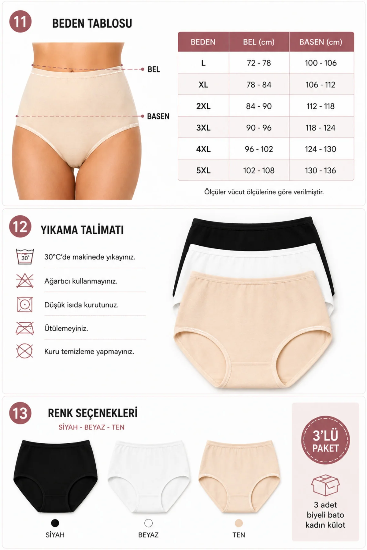 Biyeli Bato Kadın Külot 3'lü Paket %100 Pamuk Geniş Kalıp Yüksek Bel Siyah Beyaz Ten L XL 2XL 3XL 4XL 5XL Büyük Beden