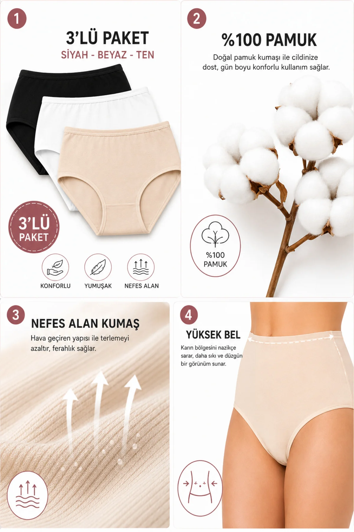 Biyeli Bato Kadın Külot 3'lü Paket %100 Pamuk Geniş Kalıp Yüksek Bel Siyah Beyaz Ten L XL 2XL 3XL 4XL 5XL Büyük Beden