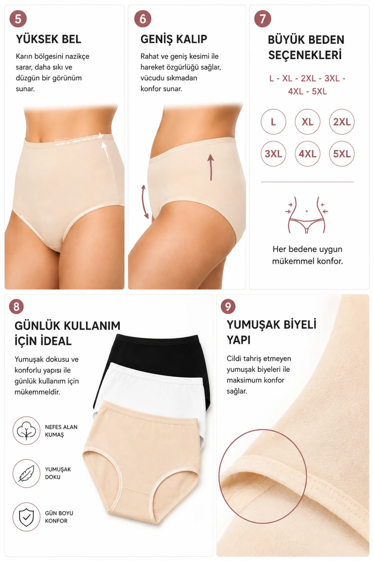 Biyeli Bato Kadın Külot 3'lü Paket %100 Pamuk Geniş Kalıp Yüksek Bel Siyah Beyaz Ten L XL 2XL 3XL 4XL 5XL Büyük Beden